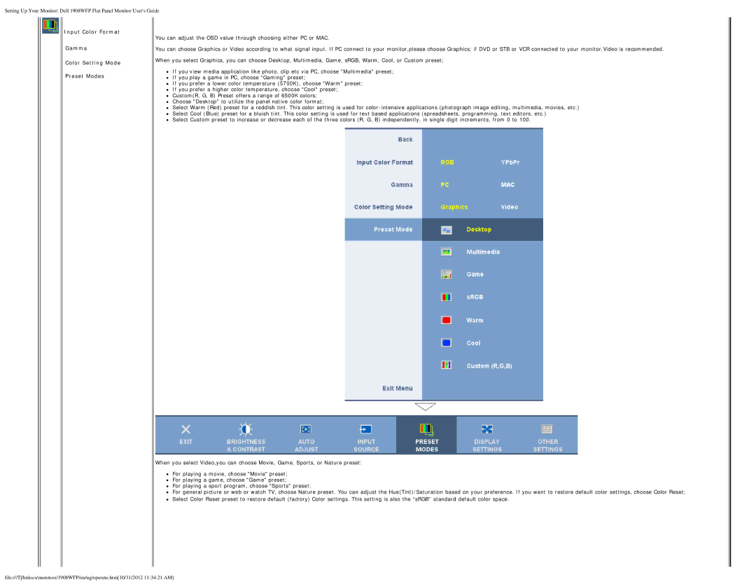 Dell 1908WFP manual Input Color Format Gamma Color Setting Mode Preset Modes 