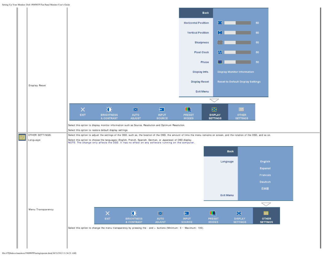 Dell 1908WFP manual Display Reset Other Settings Language, Menu Transparency 