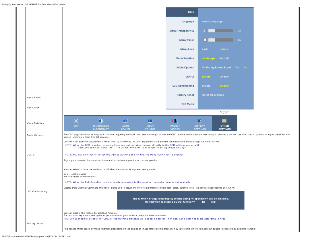 Dell 1908WFP manual Menu Timer Menu Lock Menu Rotation Audio Options, LCD Conditioning Factory Reset 