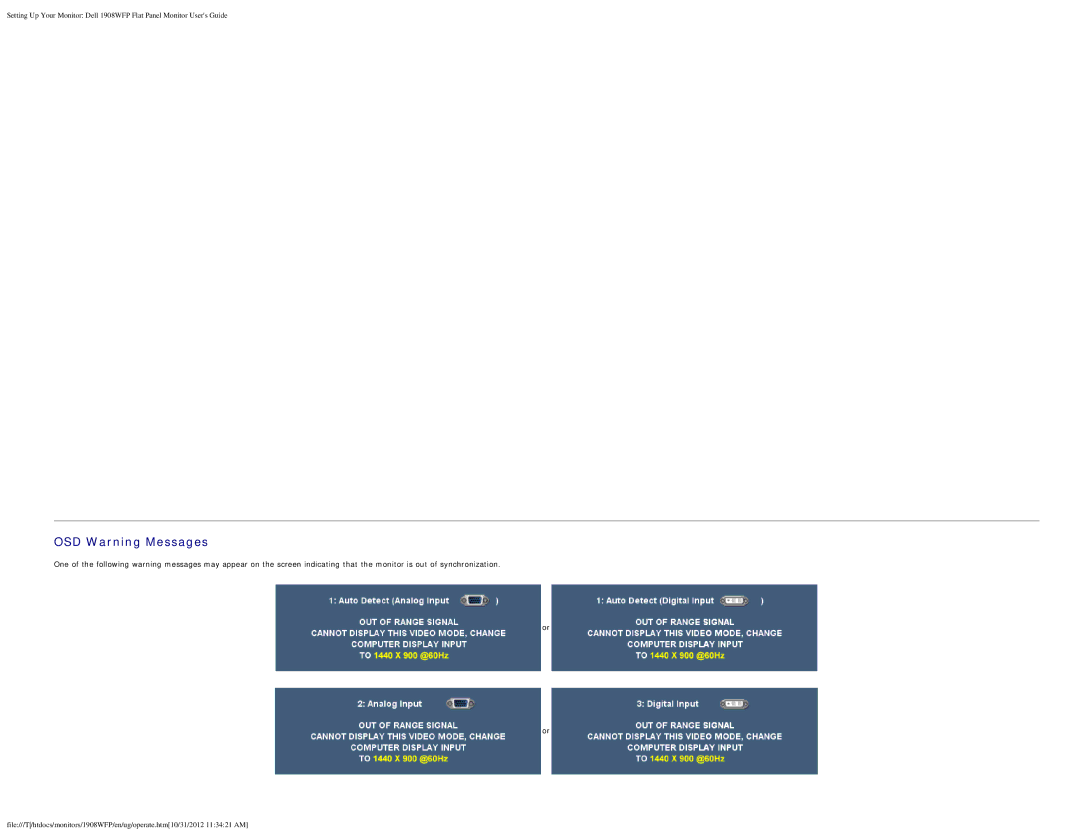 Dell 1908WFP manual OSD Warning Messages 