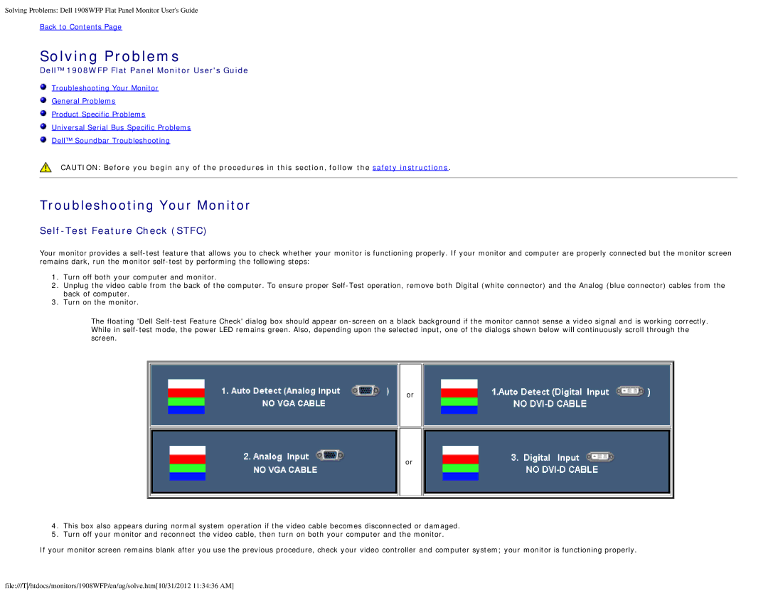 Dell 1908WFP manual Solving Problems, Self-Test Feature Check Stfc 