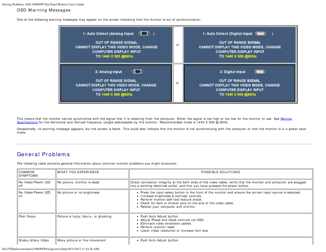 Dell 1908WFP manual General Problems 