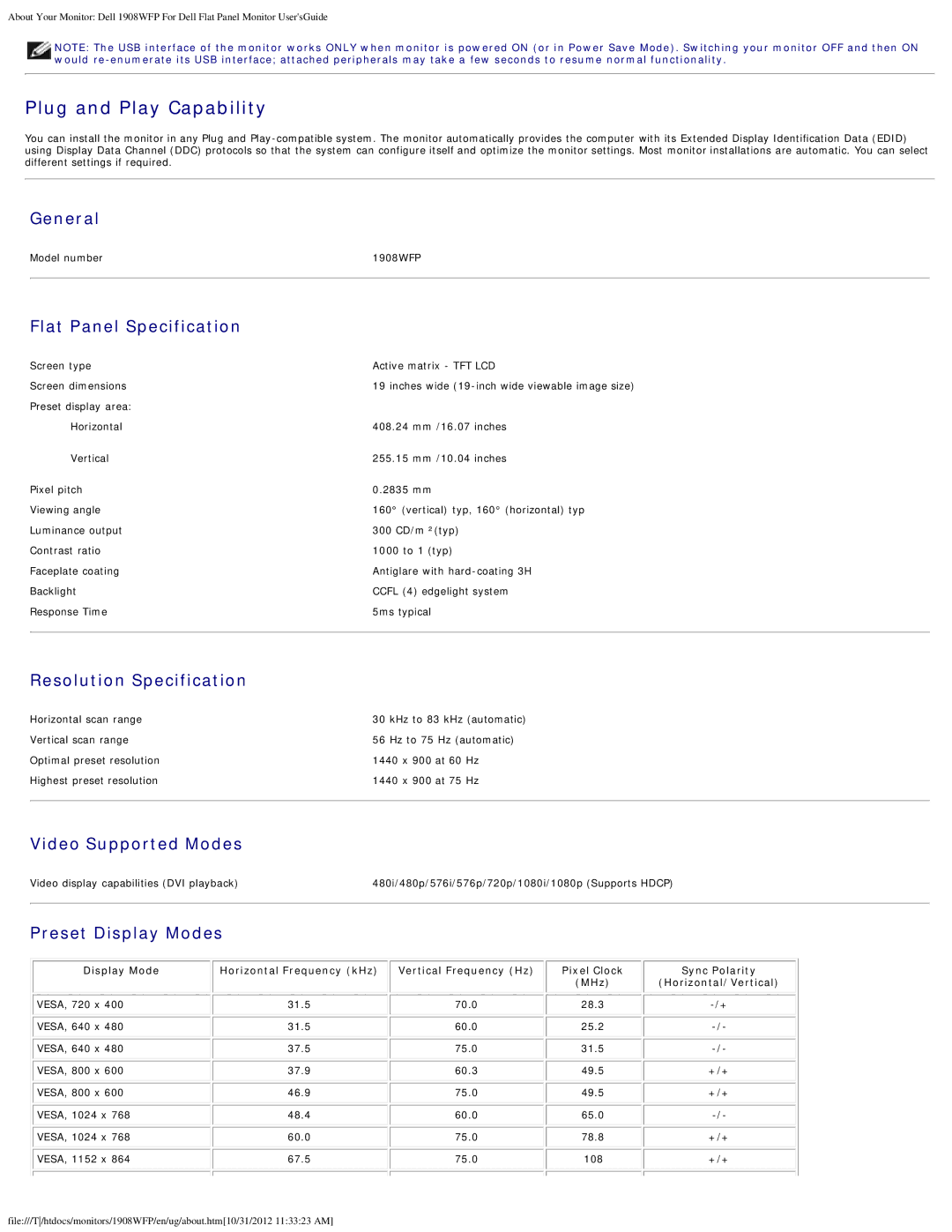 Dell 1908WFP General, Flat Panel Specification, Resolution Specification, Video Supported Modes, Preset Display Modes 