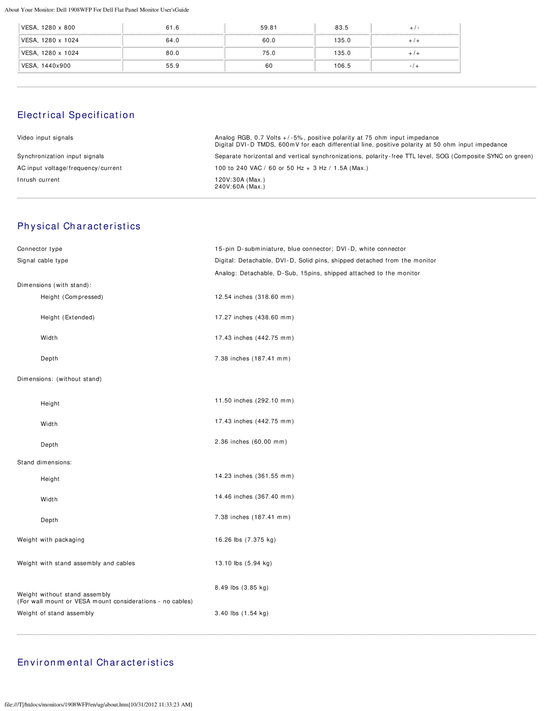 Dell 1908WFP manual Electrical Specification, Physical Characteristics, Environmental Characteristics 