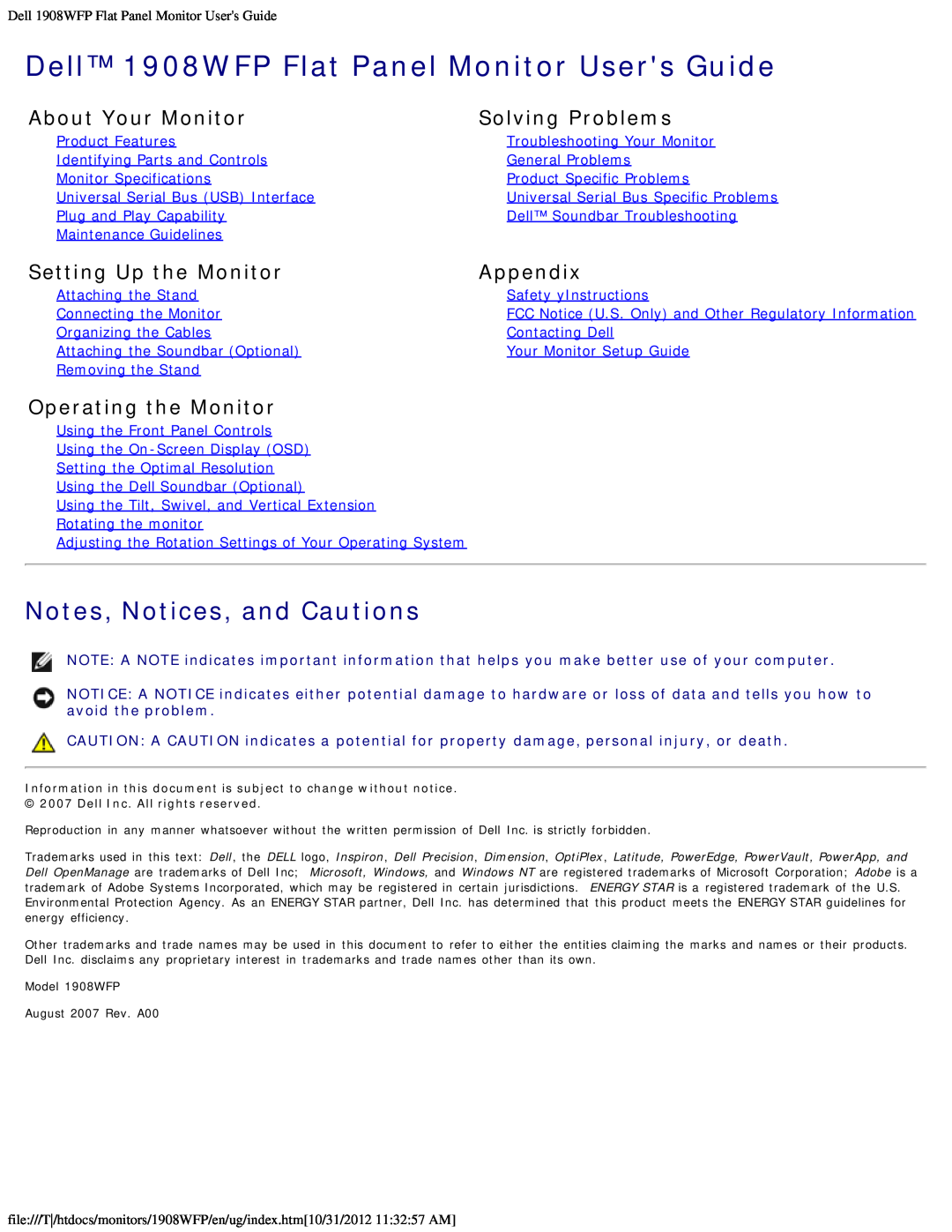 Dell manual Notes, Notices, and Cautions, Dell 1908WFP Flat Panel Monitor Users Guide, About Your Monitor, Appendix 