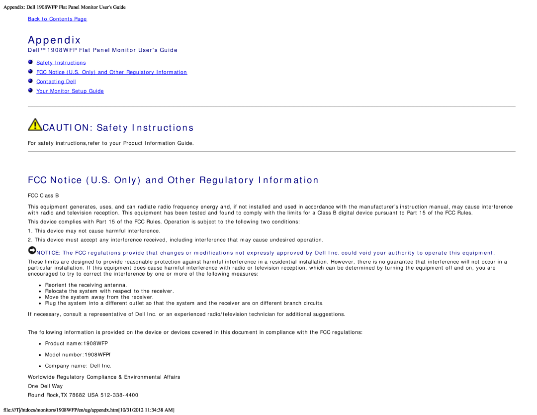 Dell 1908WFP manual Appendix, CAUTION Safety Instructions, FCC Notice U.S. Only and Other Regulatory Information 