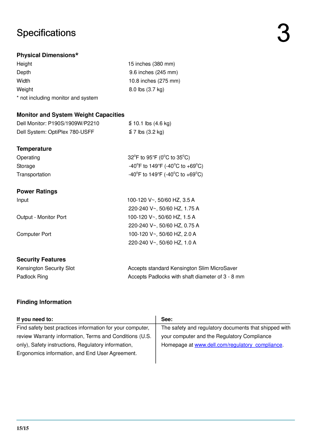 Dell 1909W, ARAIO, P2210 manual Specifications, Physical Dimensions 