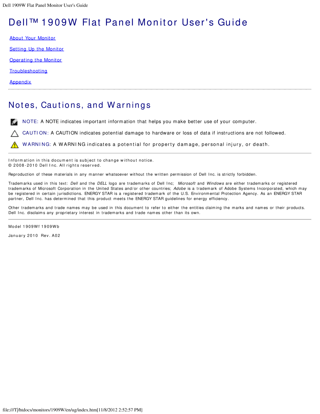 Dell 1909WB appendix Dell 1909W Flat Panel Monitor Users Guide, Model 1909Wf 1909Wb January 2010 Rev. A02 