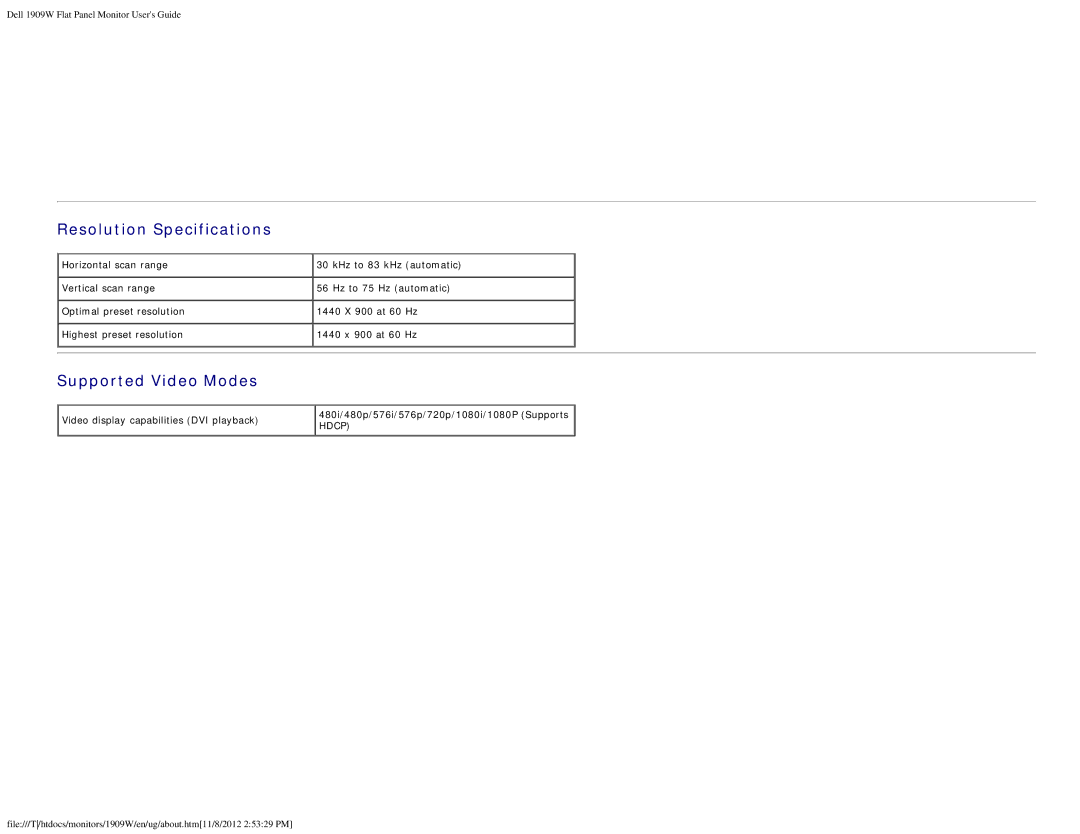 Dell 1909WB appendix Resolution Specifications, Supported Video Modes 