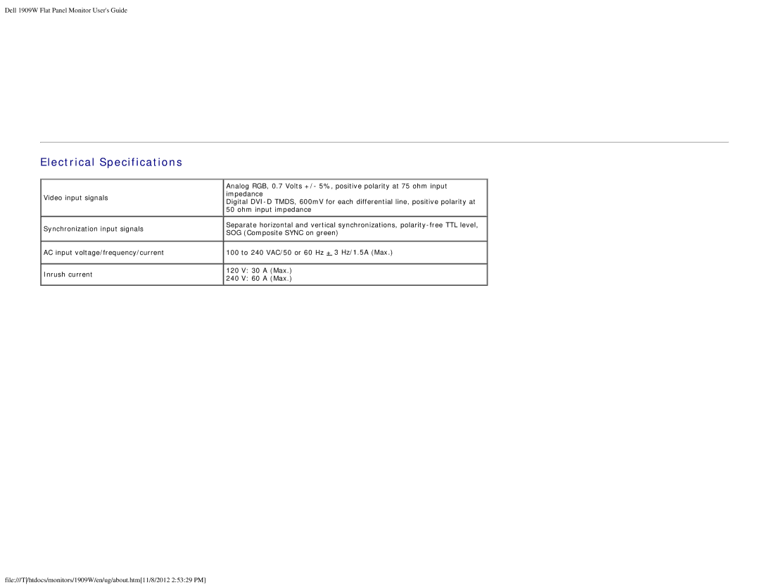 Dell 1909WB appendix Electrical Specifications 