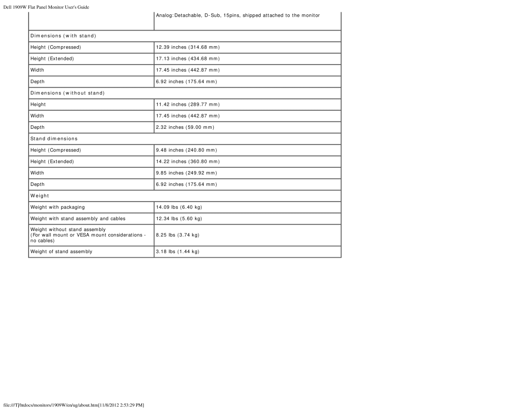 Dell 1909WB appendix Dimensions without stand 