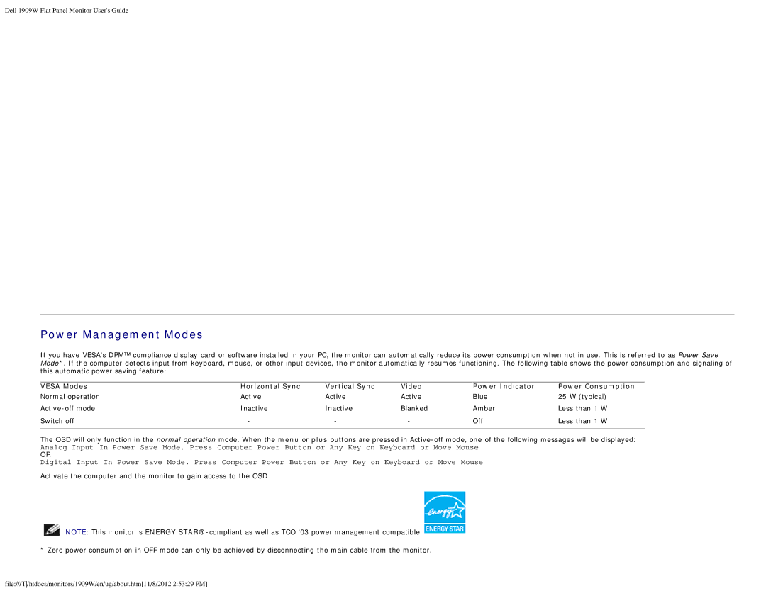 Dell 1909WB appendix Power Management Modes 