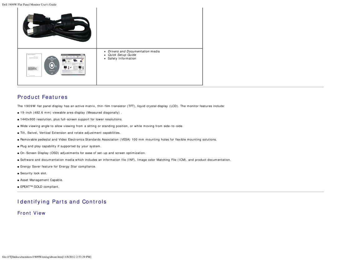 Dell 1909WB appendix Product Features, Front View 