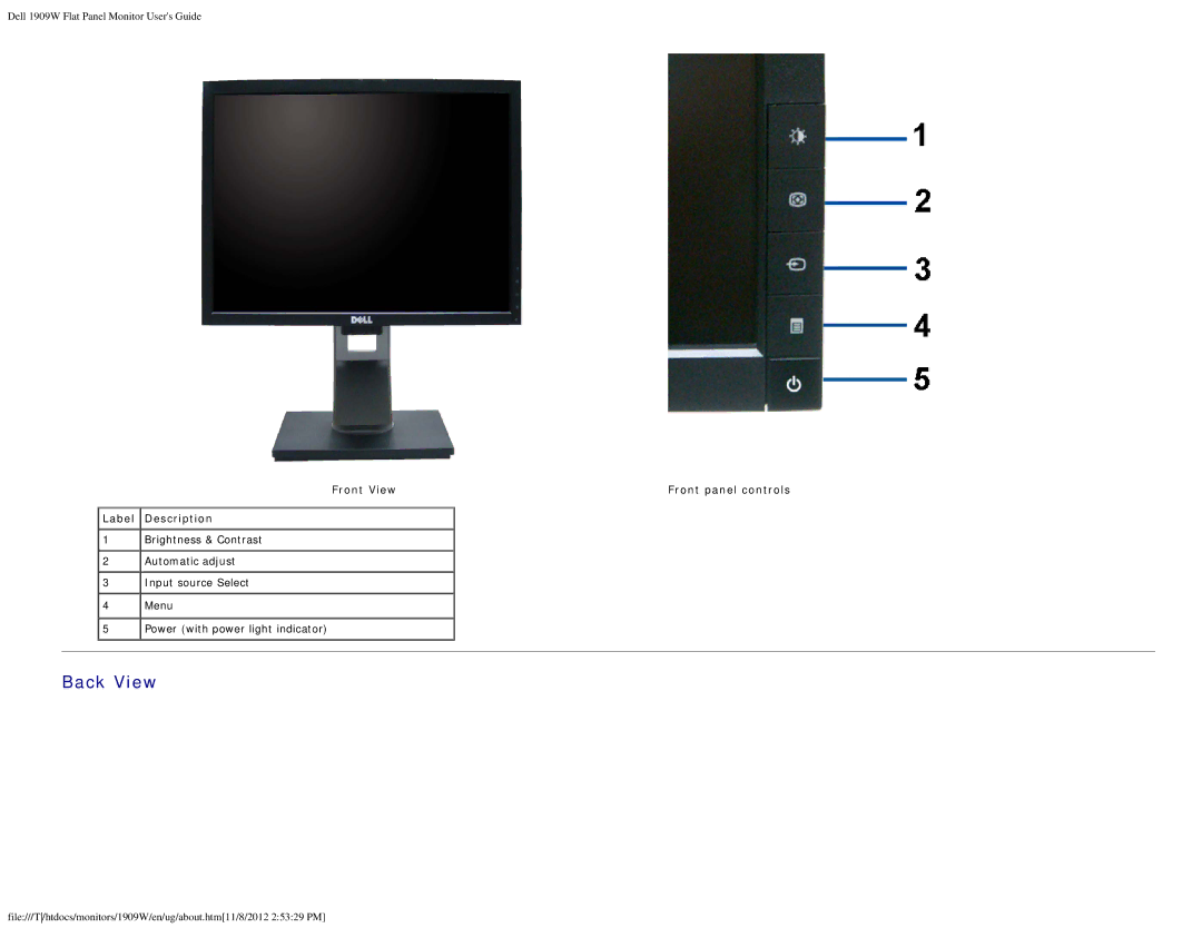 Dell 1909WB appendix Back View, Front View Front panel controls Label Description 