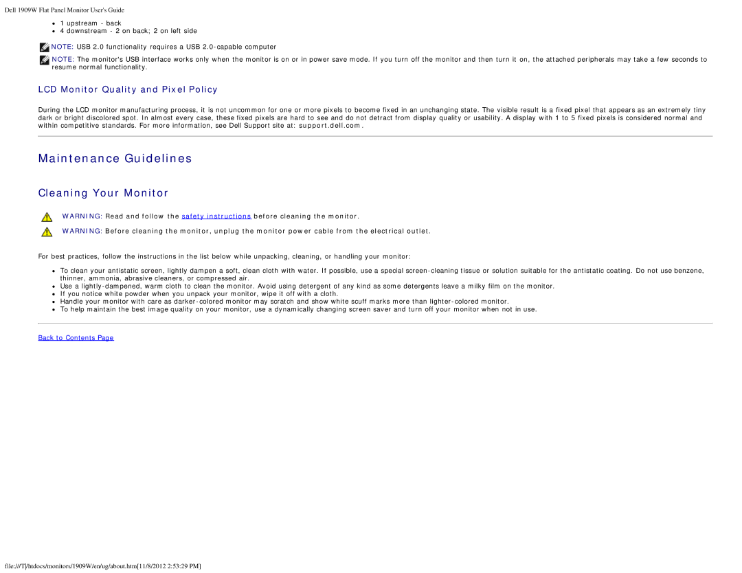 Dell 1909WB appendix Cleaning Your Monitor, LCD Monitor Quality and Pixel Policy 