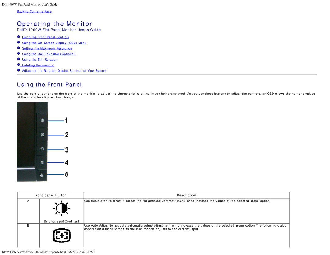 Dell 1909WB appendix Front panel Button Description, Brightness&Contrast 