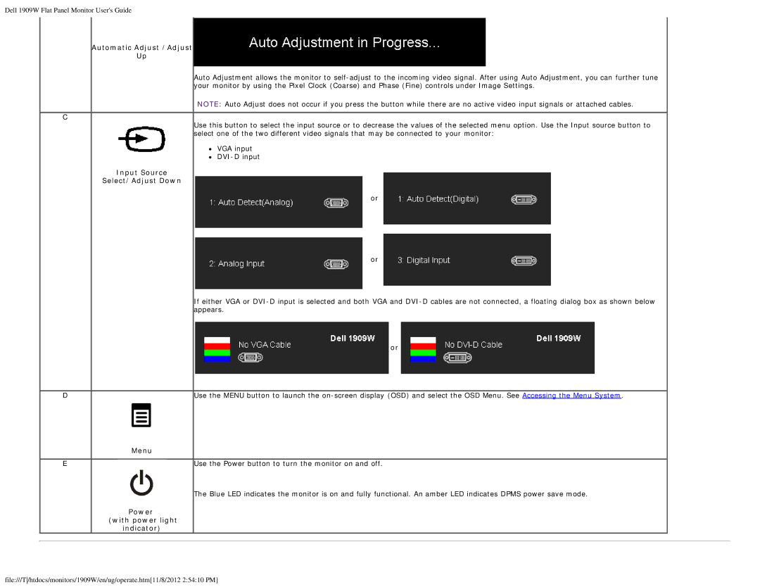 Dell 1909WB appendix Automatic Adjust /Adjust, Input Source Select/Adjust Down, Menu, Power with power light Indicator 