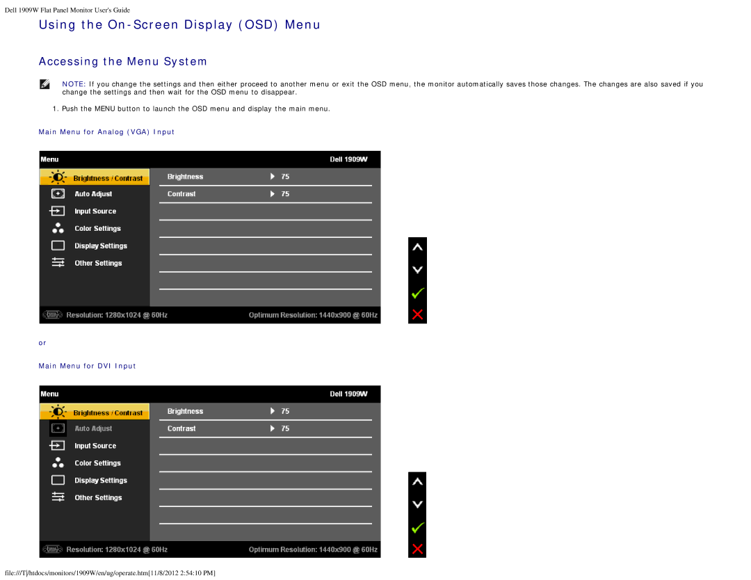 Dell 1909WB appendix Using the On-Screen Display OSD Menu, Accessing the Menu System 