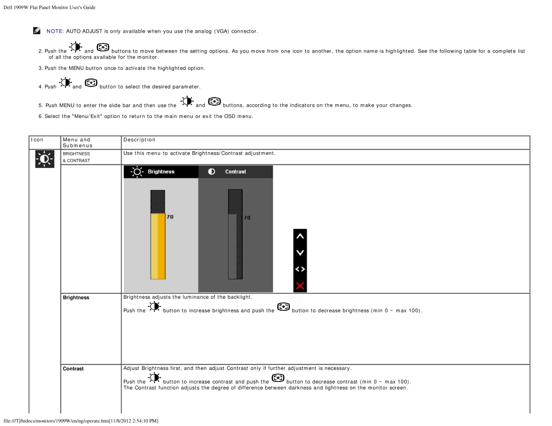 Dell 1909WB appendix Icon Menu Description Submenus, Contrast 