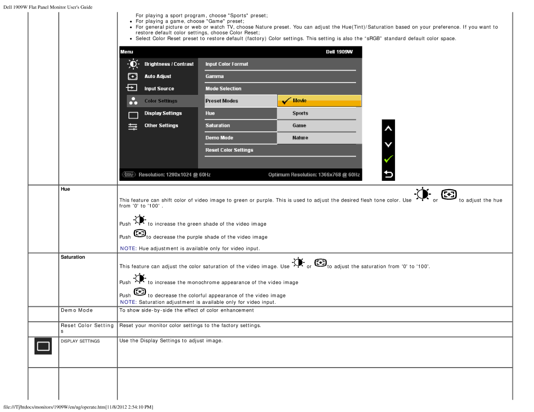 Dell 1909WB appendix Hue, Demo Mode 