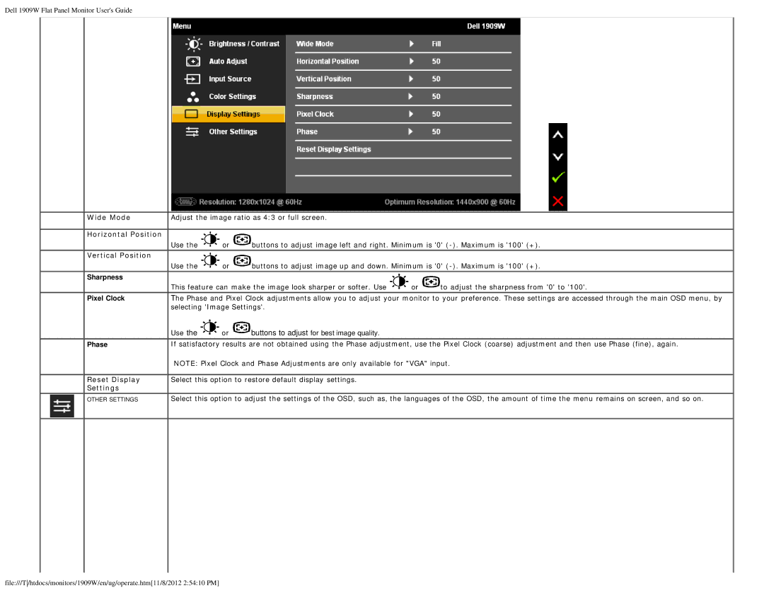 Dell 1909WB appendix Wide Mode, Horizontal Position, Vertical Position 