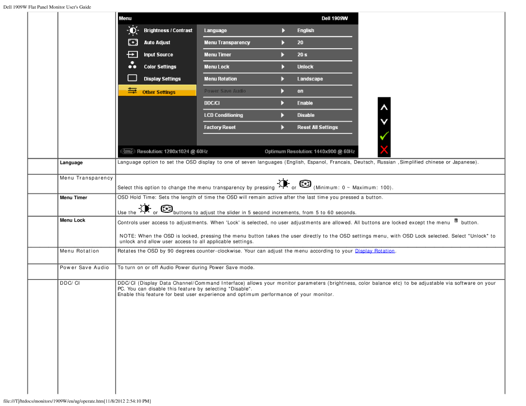 Dell 1909WB appendix Menu Transparency, Menu Rotation, Power Save Audio 