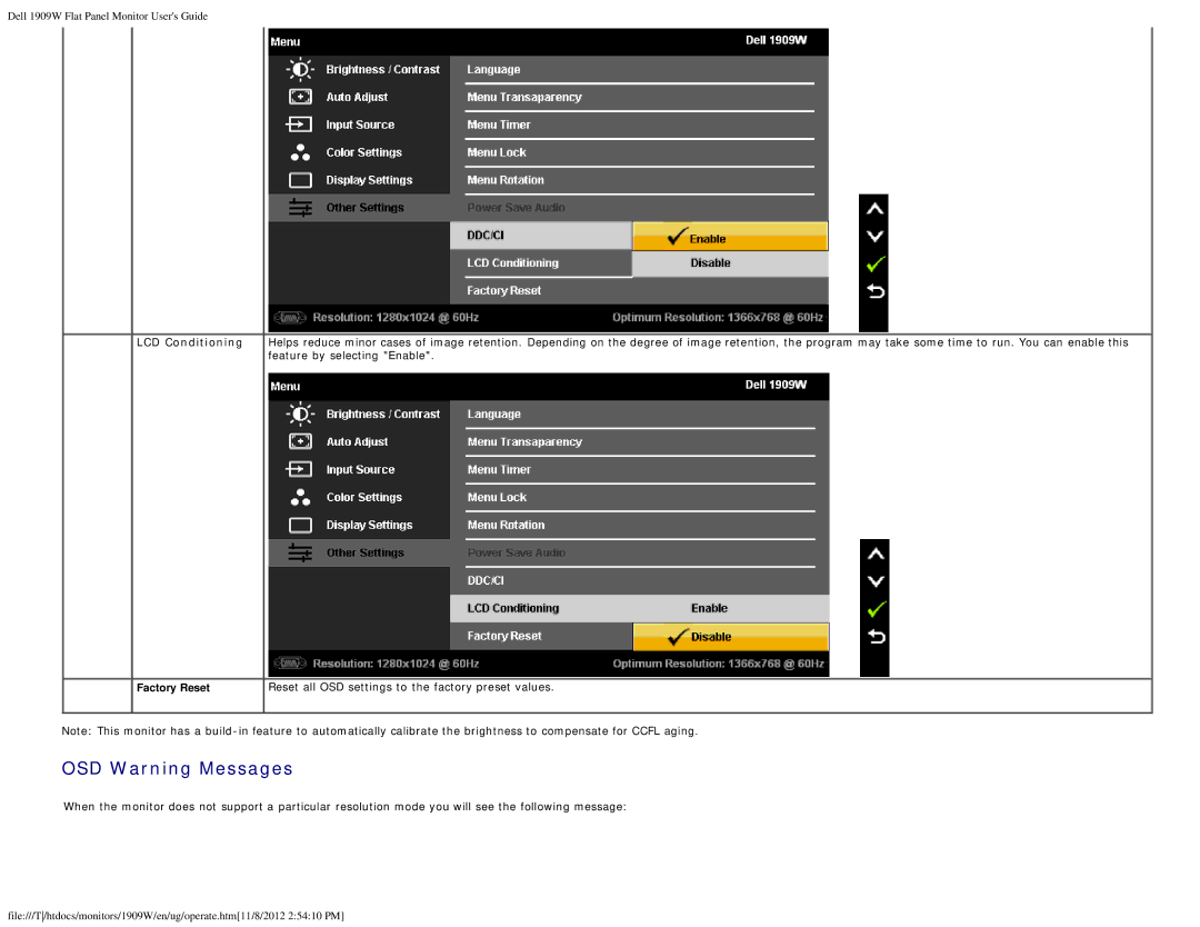 Dell 1909WB appendix OSD Warning Messages 