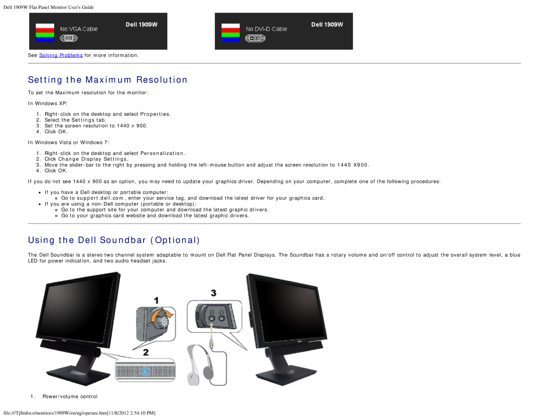 Dell 1909WB appendix Setting the Maximum Resolution, Click Change Display Settings 