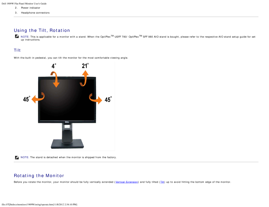 Dell 1909WB appendix Using the Tilt, Rotation 