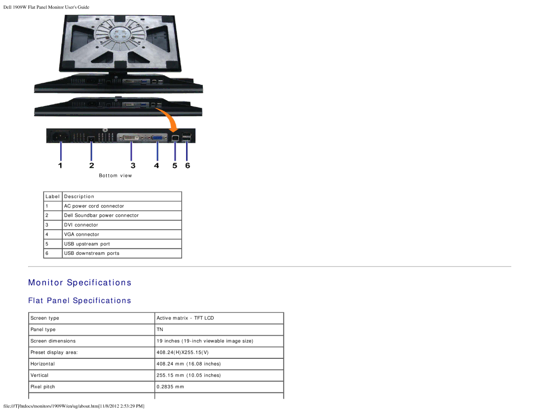 Dell 1909WB appendix Monitor Specifications, Flat Panel Specifications 