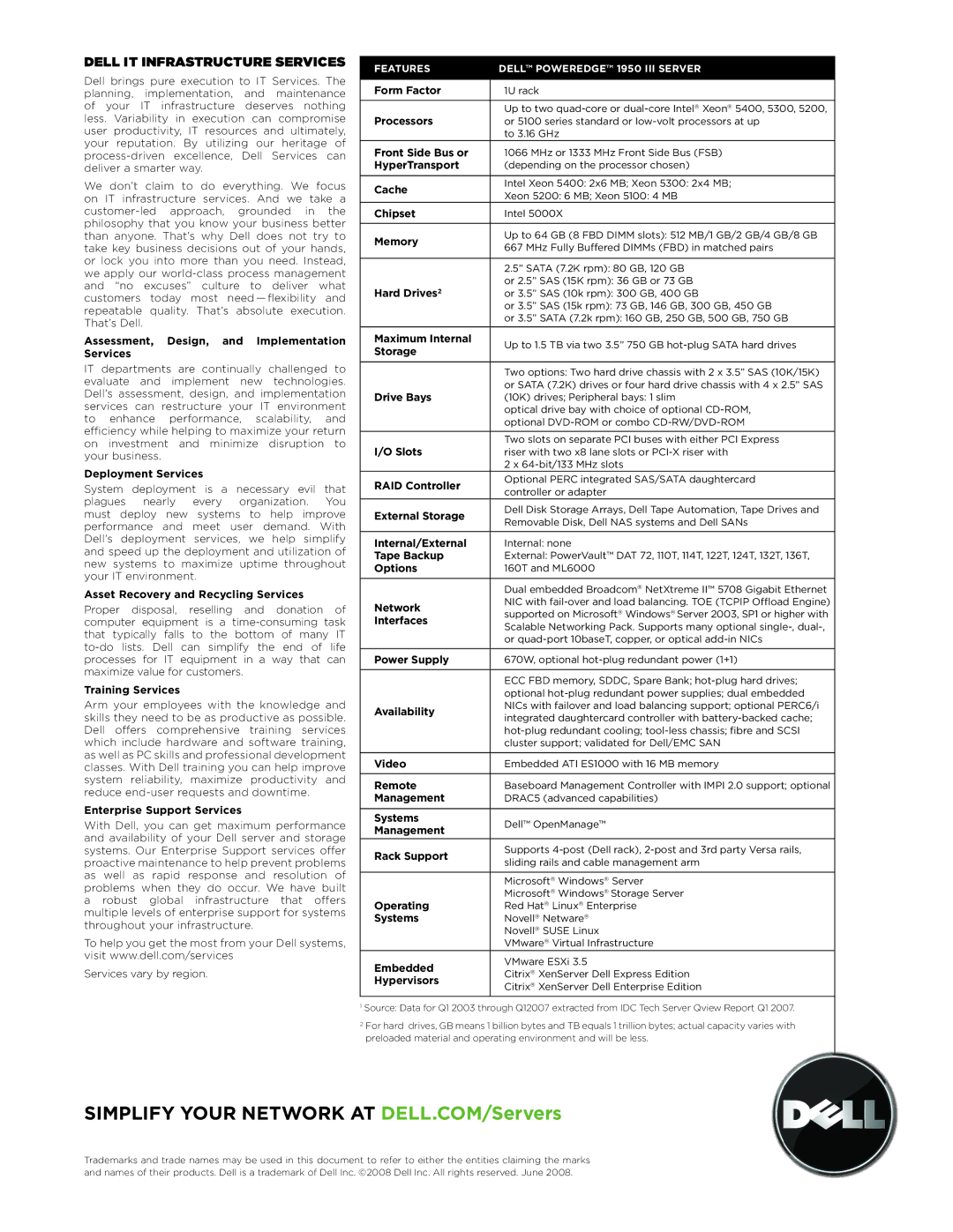 Dell 1950 III Assessment, Design, and Implementation Services, Deployment Services, Asset Recovery and Recycling Services 