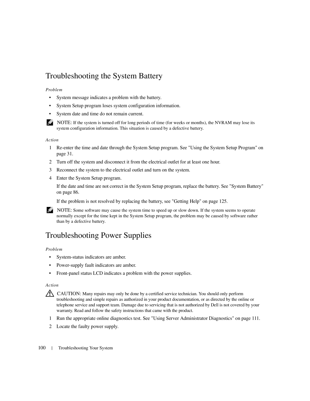 Dell 1950 owner manual Troubleshooting the System Battery, Troubleshooting Power Supplies 