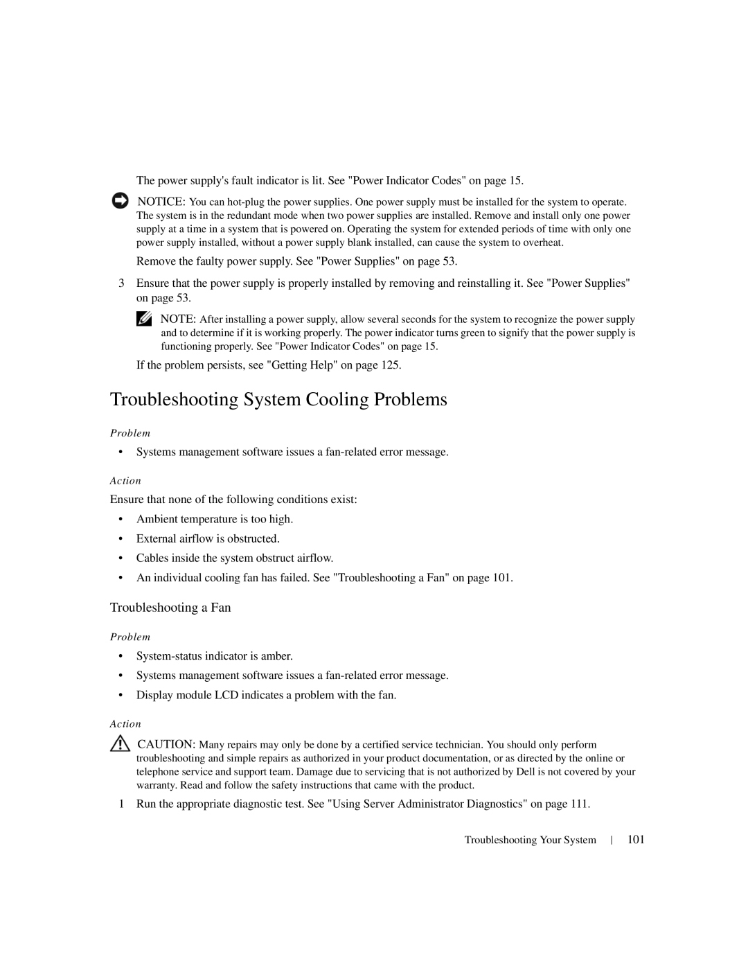 Dell 1950 owner manual Troubleshooting System Cooling Problems, Troubleshooting a Fan, 101 