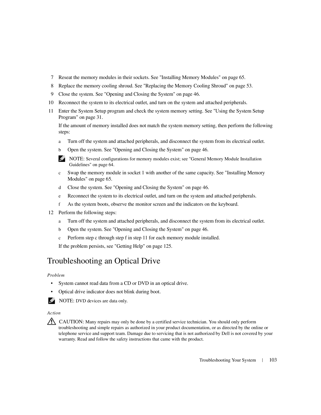 Dell 1950 owner manual Troubleshooting an Optical Drive, 103 