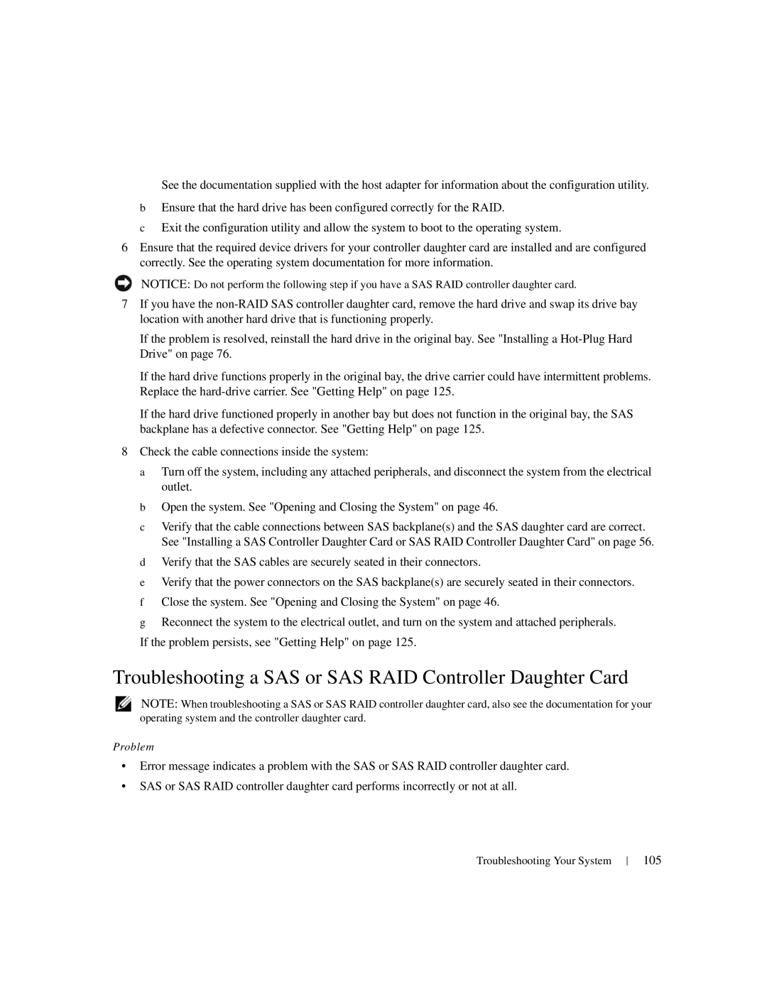 Dell 1950 owner manual Troubleshooting a SAS or SAS RAID Controller Daughter Card, 105 