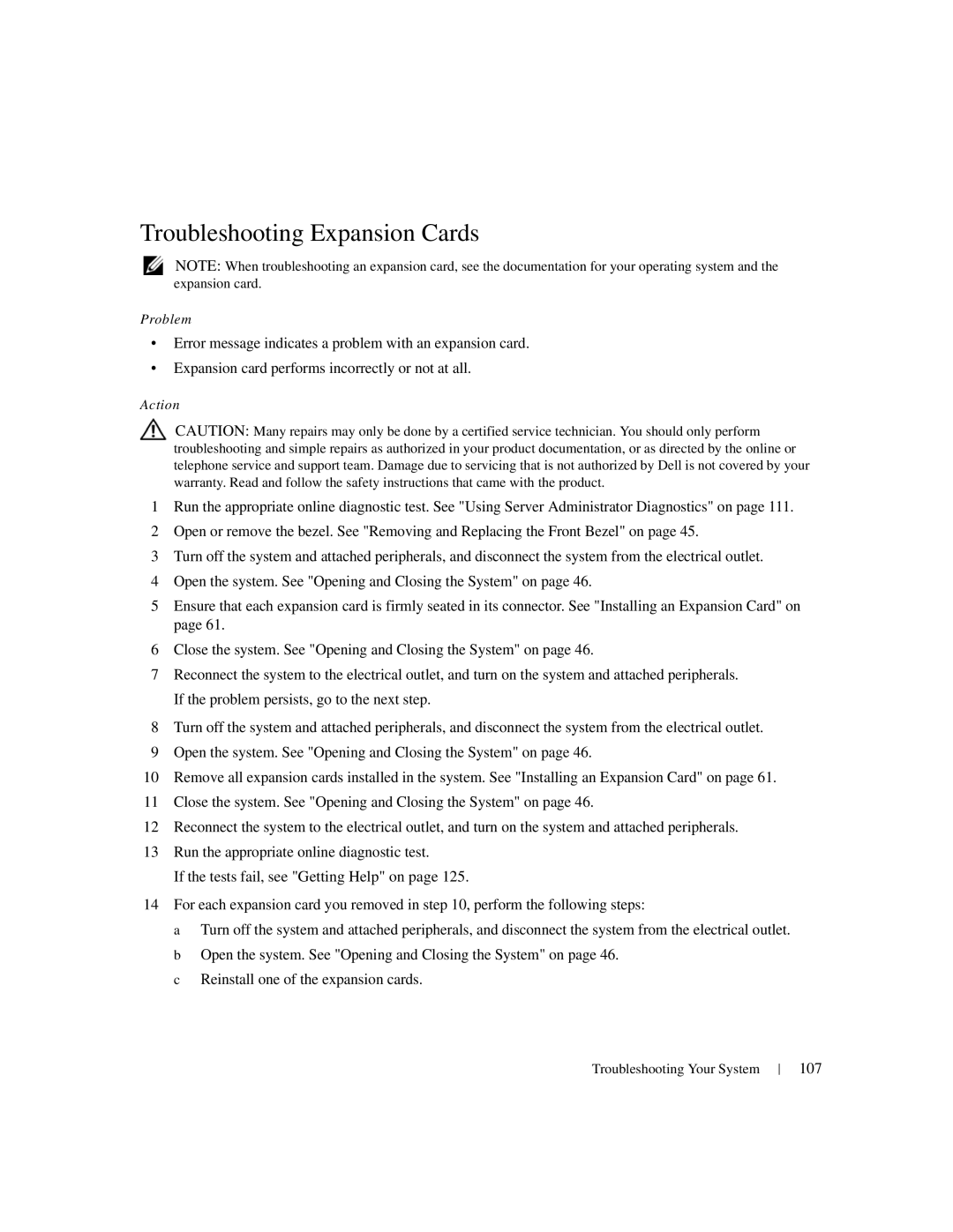 Dell 1950 owner manual Troubleshooting Expansion Cards, 107 