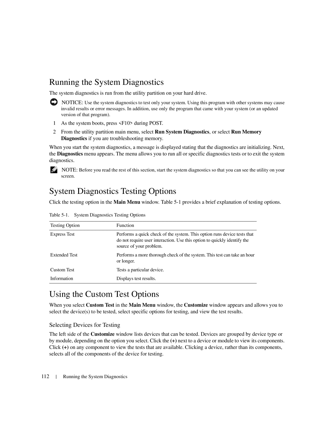 Dell 1950 owner manual Running the System Diagnostics, System Diagnostics Testing Options, Using the Custom Test Options 