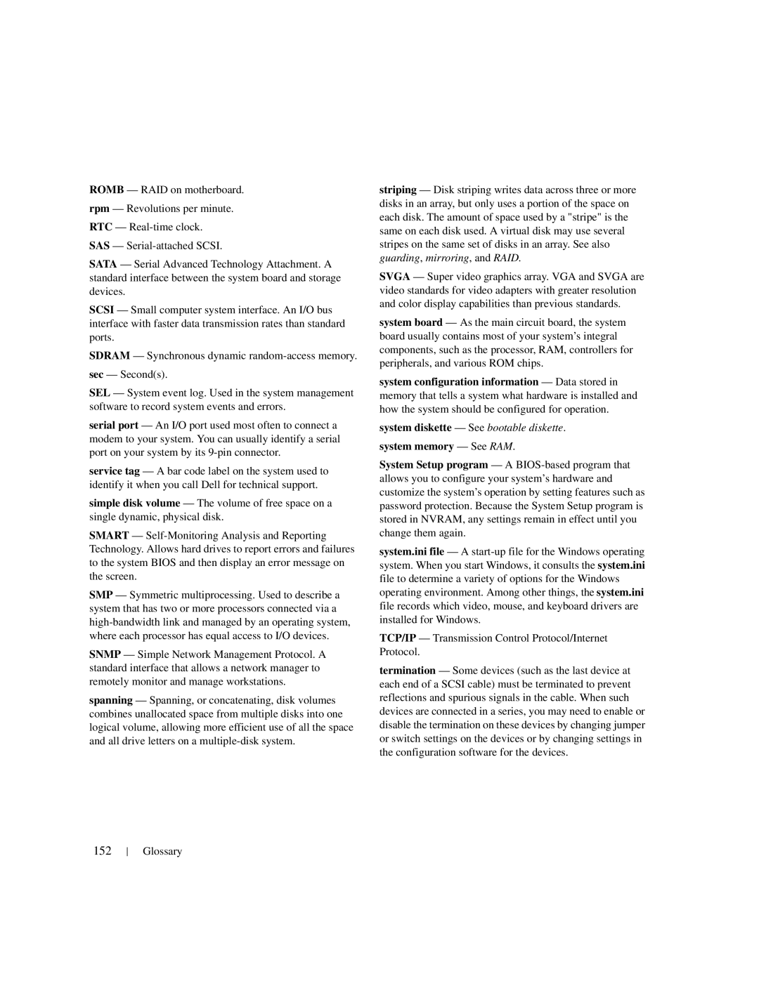 Dell 1950 owner manual 152, System memory See RAM 