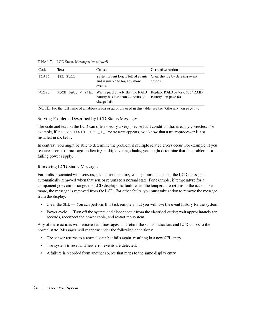 Dell 1950 owner manual Solving Problems Described by LCD Status Messages, Removing LCD Status Messages 