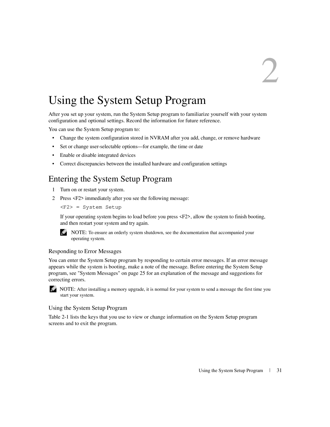 Dell 1950 owner manual Entering the System Setup Program, Responding to Error Messages, Using the System Setup Program 