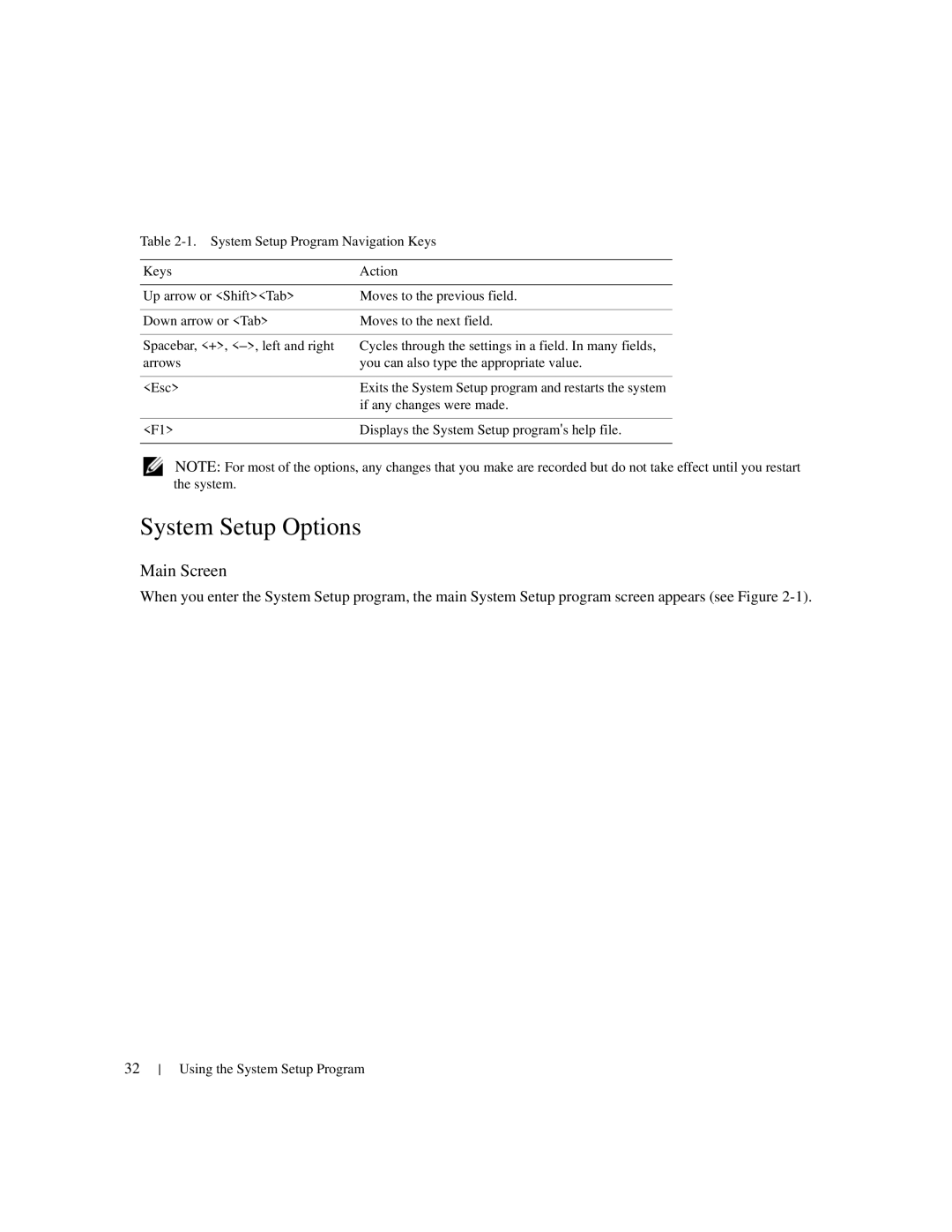 Dell 1950 owner manual System Setup Options, Main Screen 