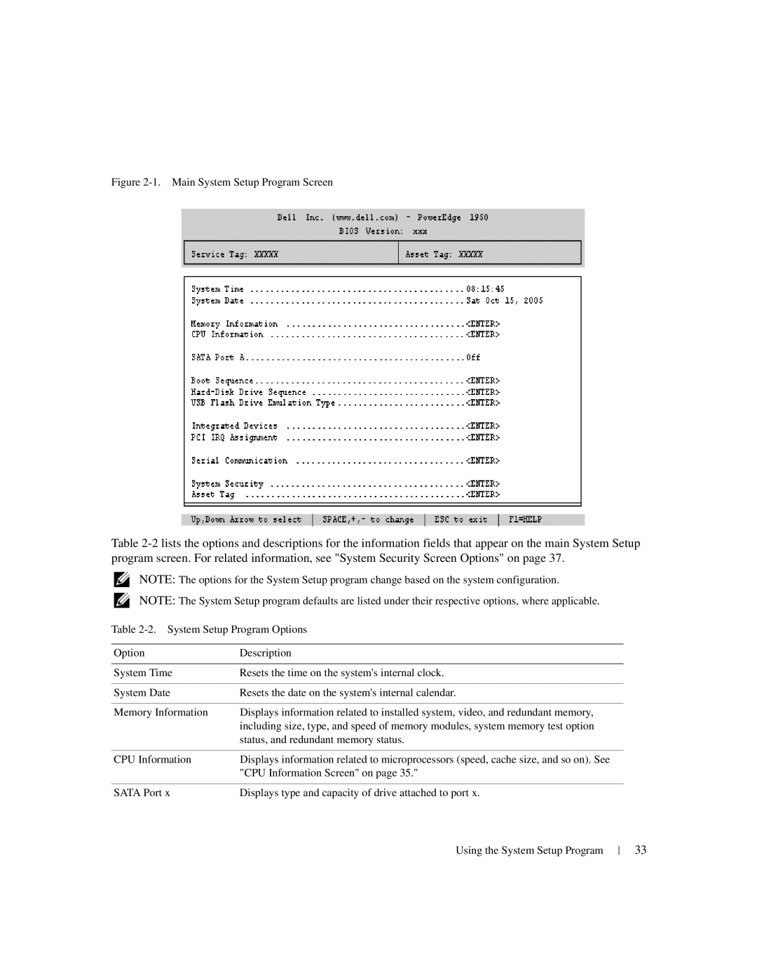 Dell 1950 owner manual Main System Setup Program Screen 