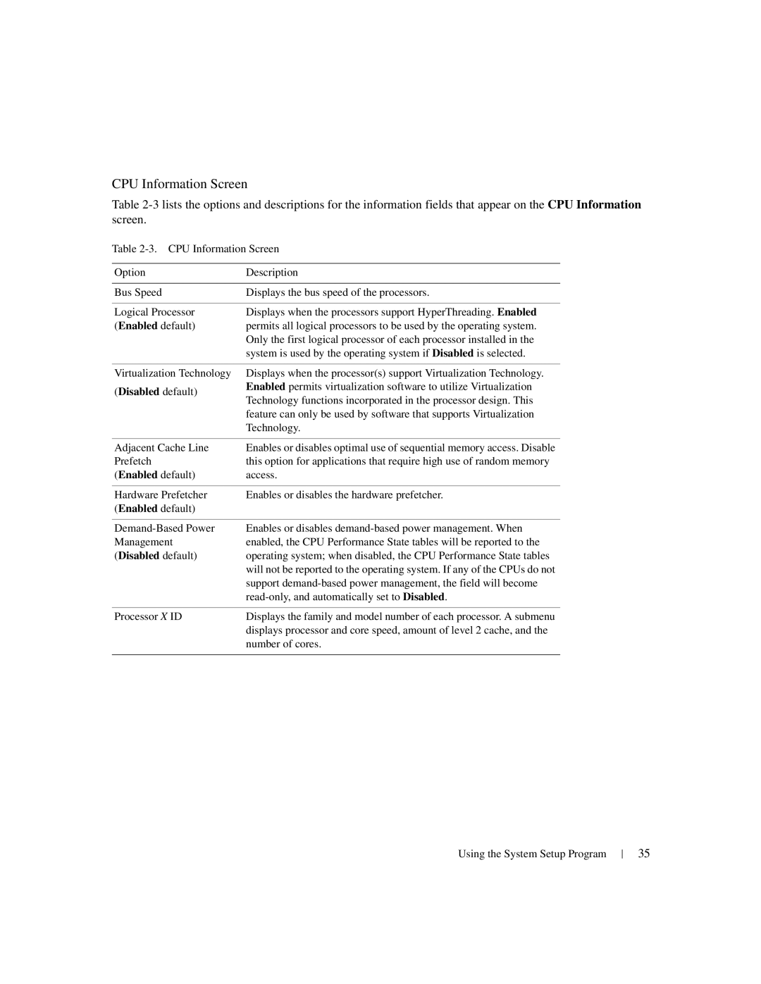 Dell 1950 owner manual CPU Information Screen 