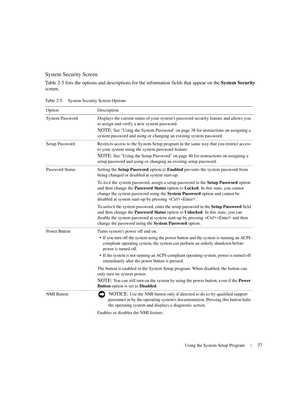 Dell 1950 owner manual System Security Screen 