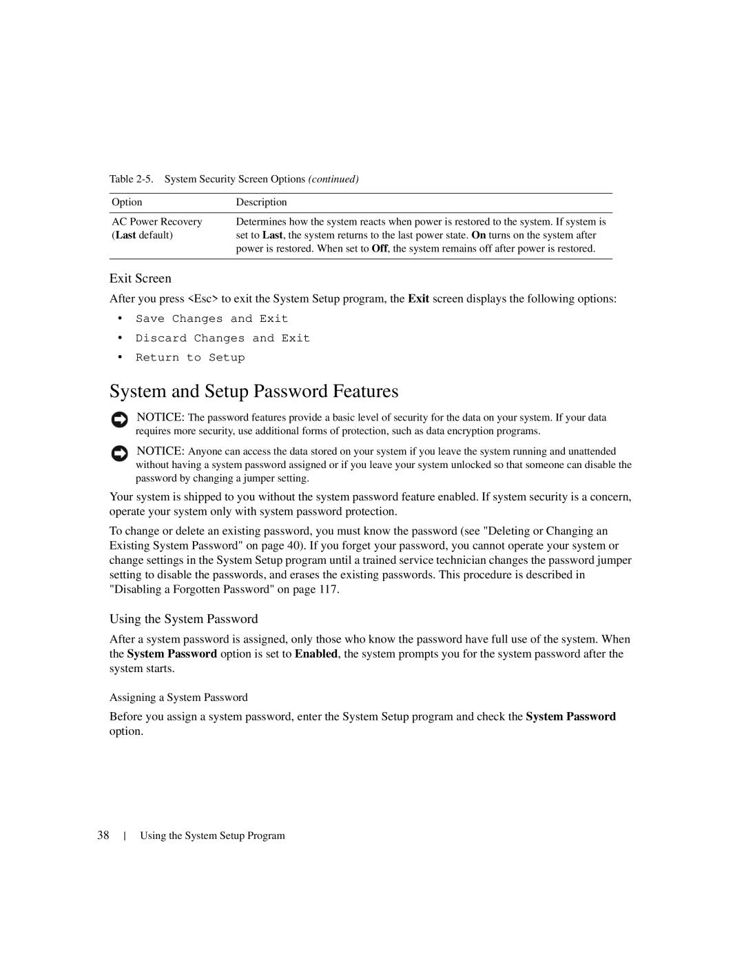 Dell 1950 owner manual System and Setup Password Features, Exit Screen, Using the System Password 