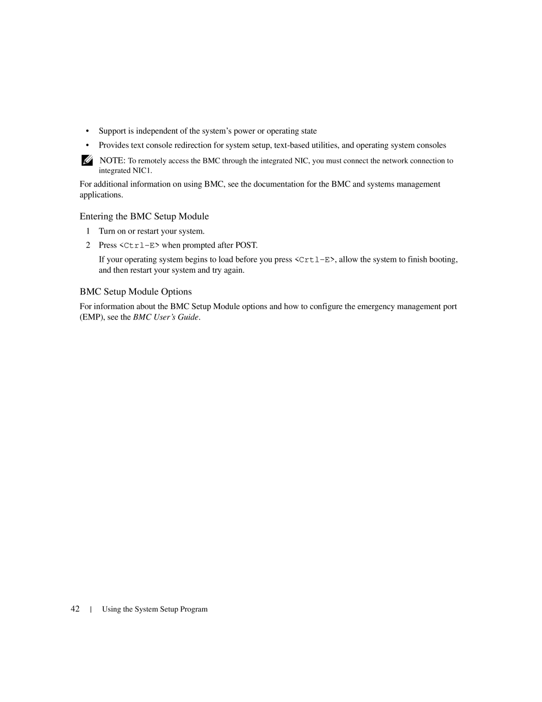 Dell 1950 owner manual Entering the BMC Setup Module, BMC Setup Module Options 