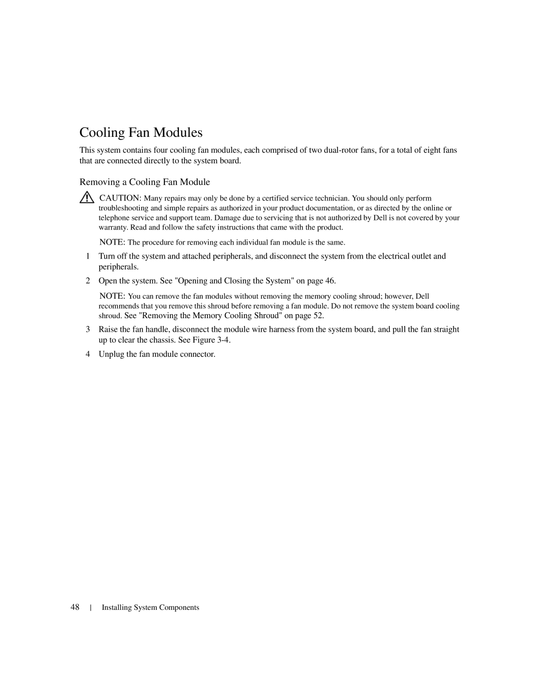 Dell 1950 owner manual Cooling Fan Modules, Removing a Cooling Fan Module 