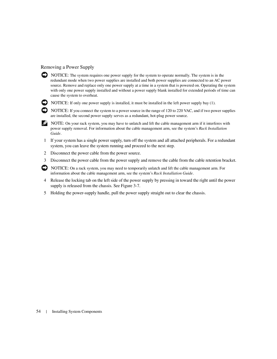 Dell 1950 owner manual Removing a Power Supply 