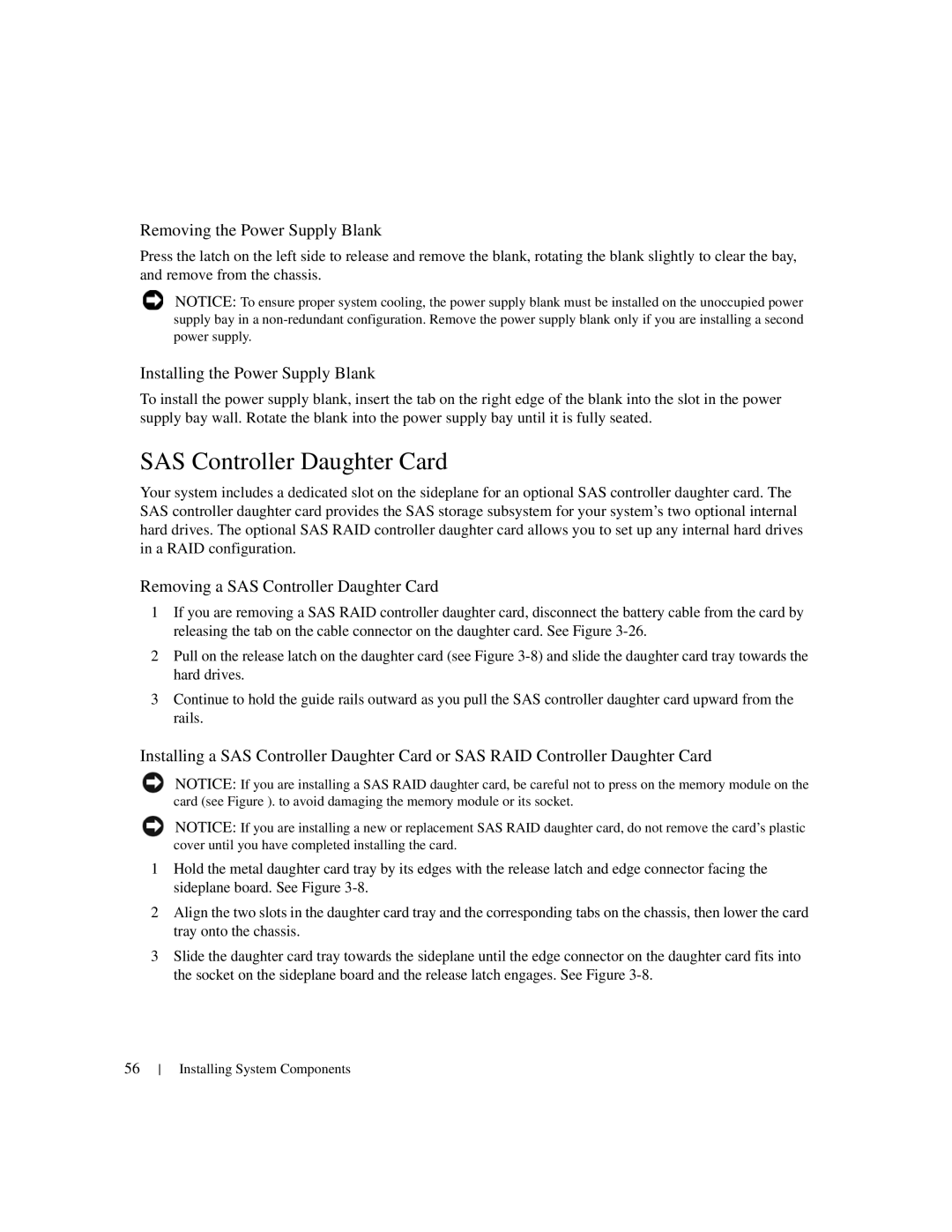 Dell 1950 owner manual SAS Controller Daughter Card, Removing the Power Supply Blank, Installing the Power Supply Blank 