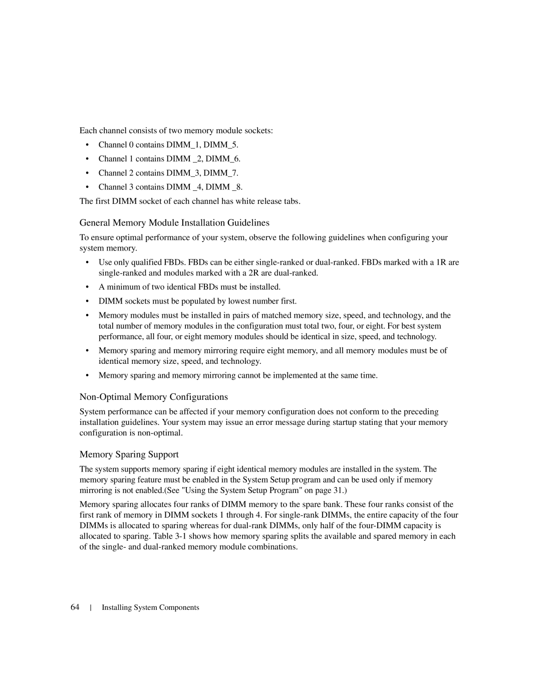 Dell 1950 General Memory Module Installation Guidelines, Non-Optimal Memory Configurations, Memory Sparing Support 